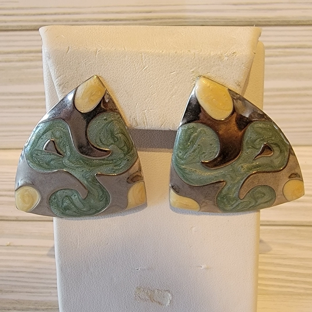 Vintage Abstract Green Yellow Enamel Silver Tone Statement Pierced Earrings
